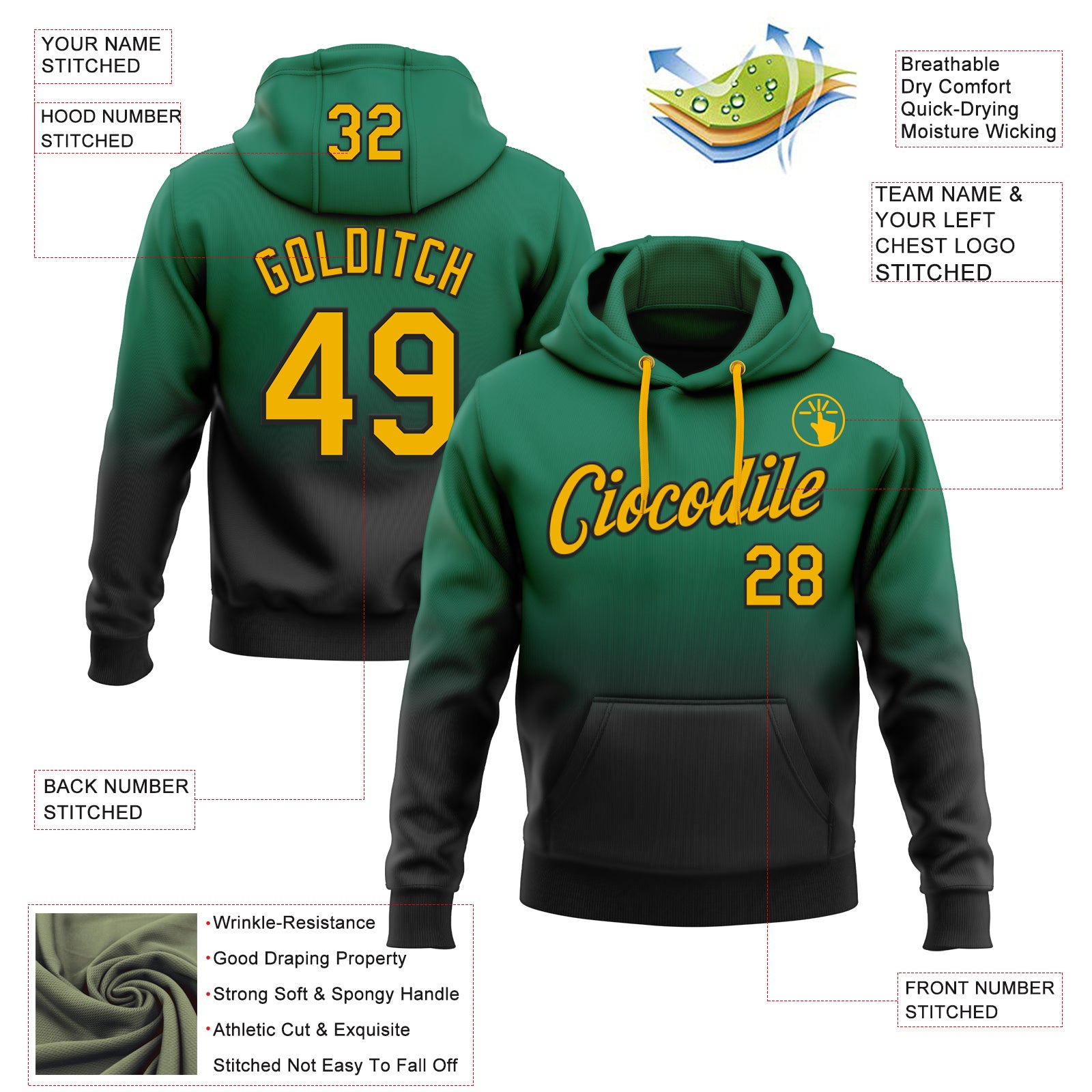 Custom Stitched Kelly Green Gold-Black Fade Fashion Sports Pullover Sweatshirt Hoodie
