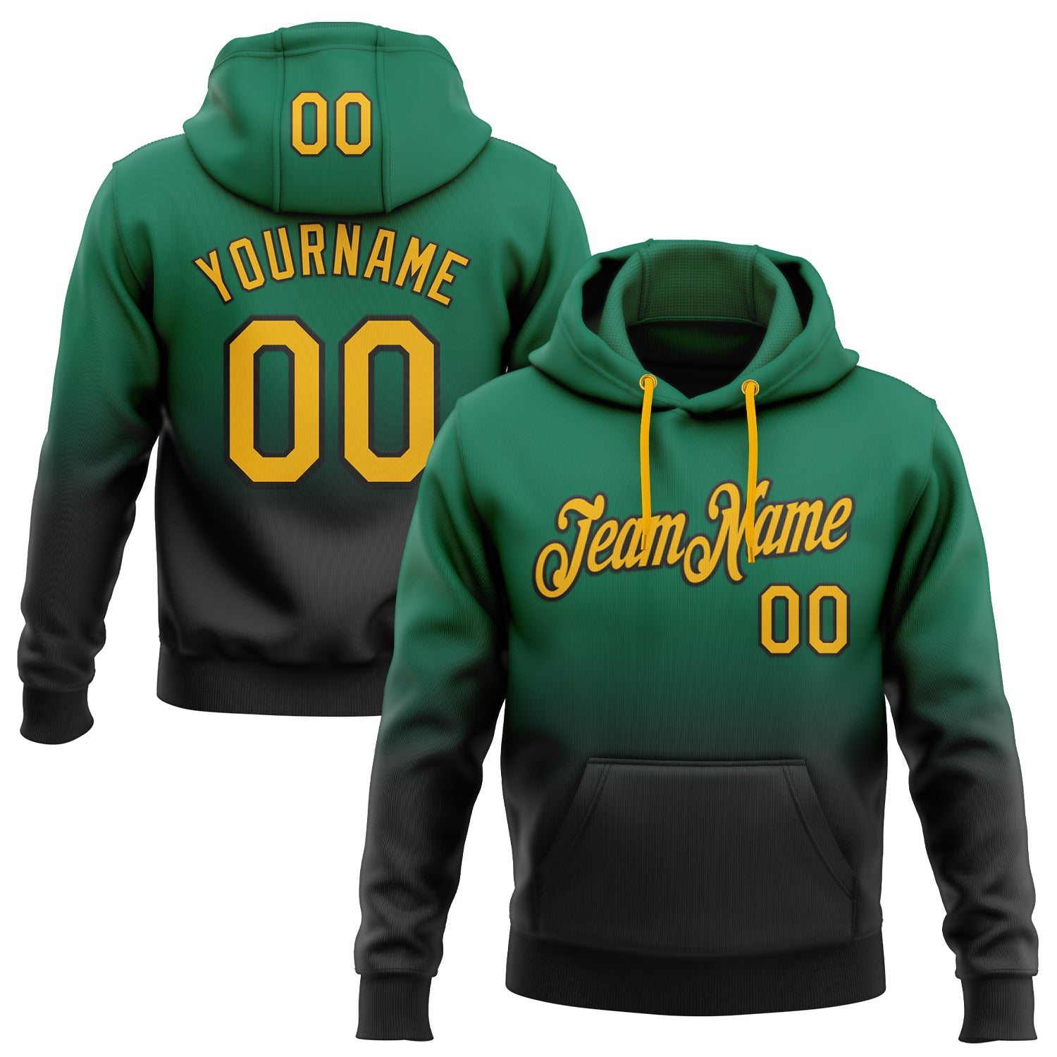 Custom Stitched Kelly Green Gold-Black Fade Fashion Sports Pullover Sweatshirt Hoodie