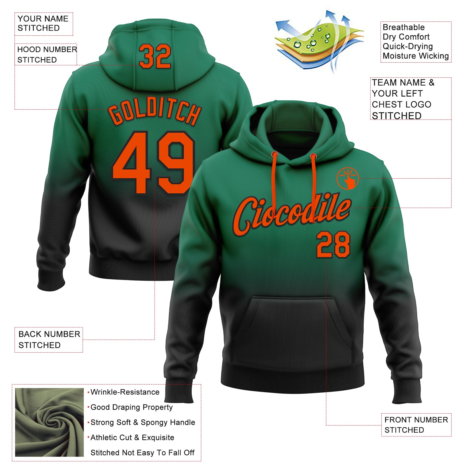 Custom Stitched Kelly Green Orange-Black Fade Fashion Sports Pullover Sweatshirt Hoodie