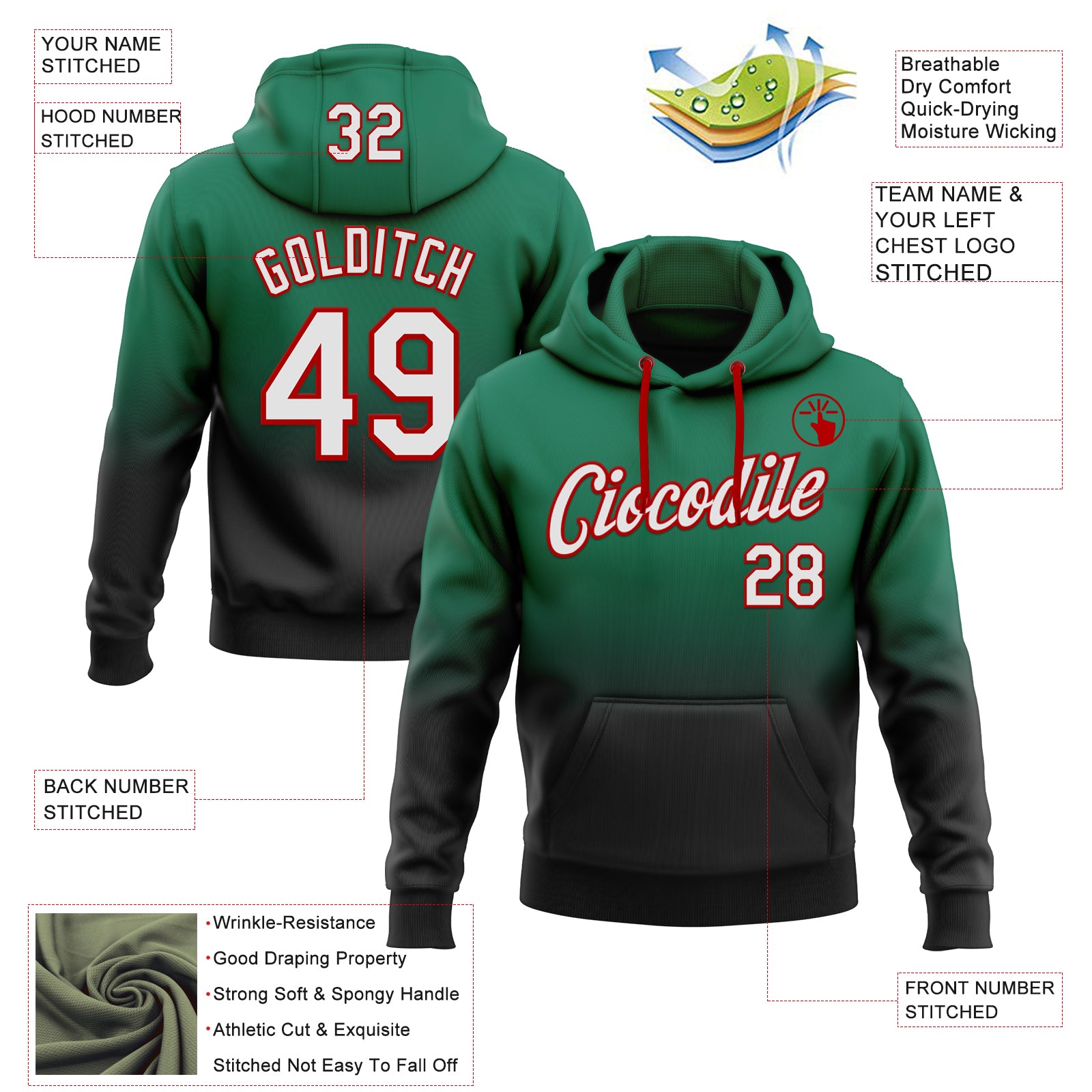 Custom Stitched Kelly Green White Black-Red Fade Fashion Sports Pullover Sweatshirt Hoodie