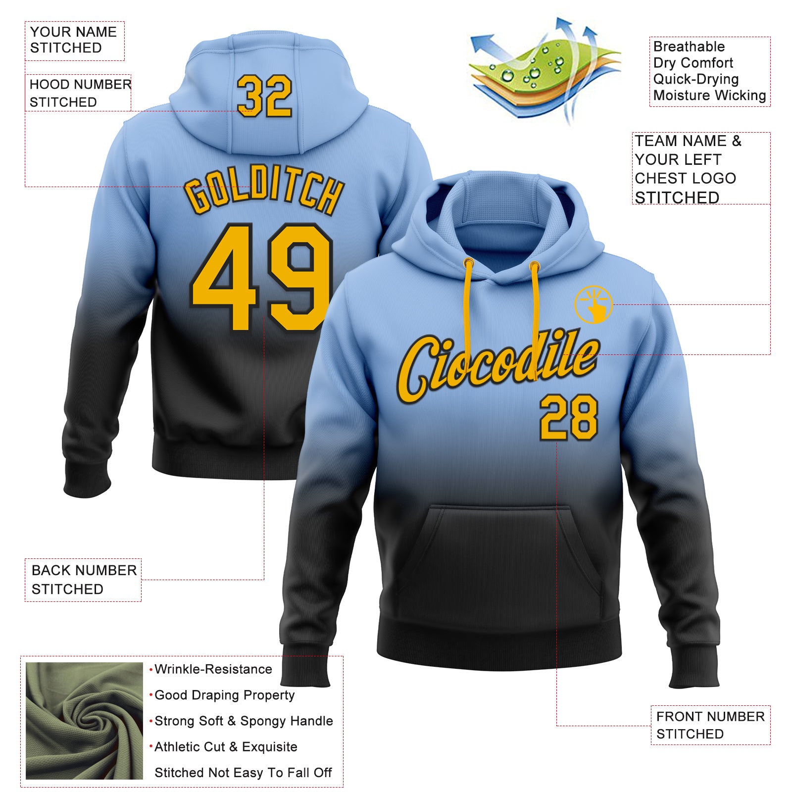 Custom Stitched Light Blue Gold-Black Fade Fashion Sports Pullover Sweatshirt Hoodie
