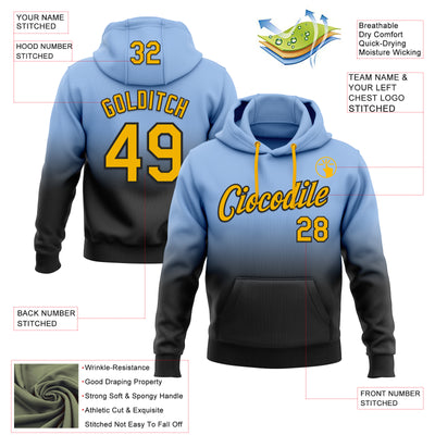Custom Stitched Light Blue Gold-Black Fade Fashion Sports Pullover Sweatshirt Hoodie
