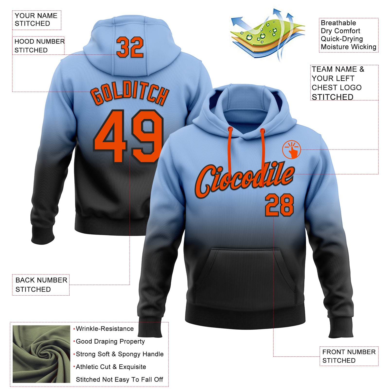 Custom Stitched Light Blue Orange-Black Fade Fashion Sports Pullover Sweatshirt Hoodie