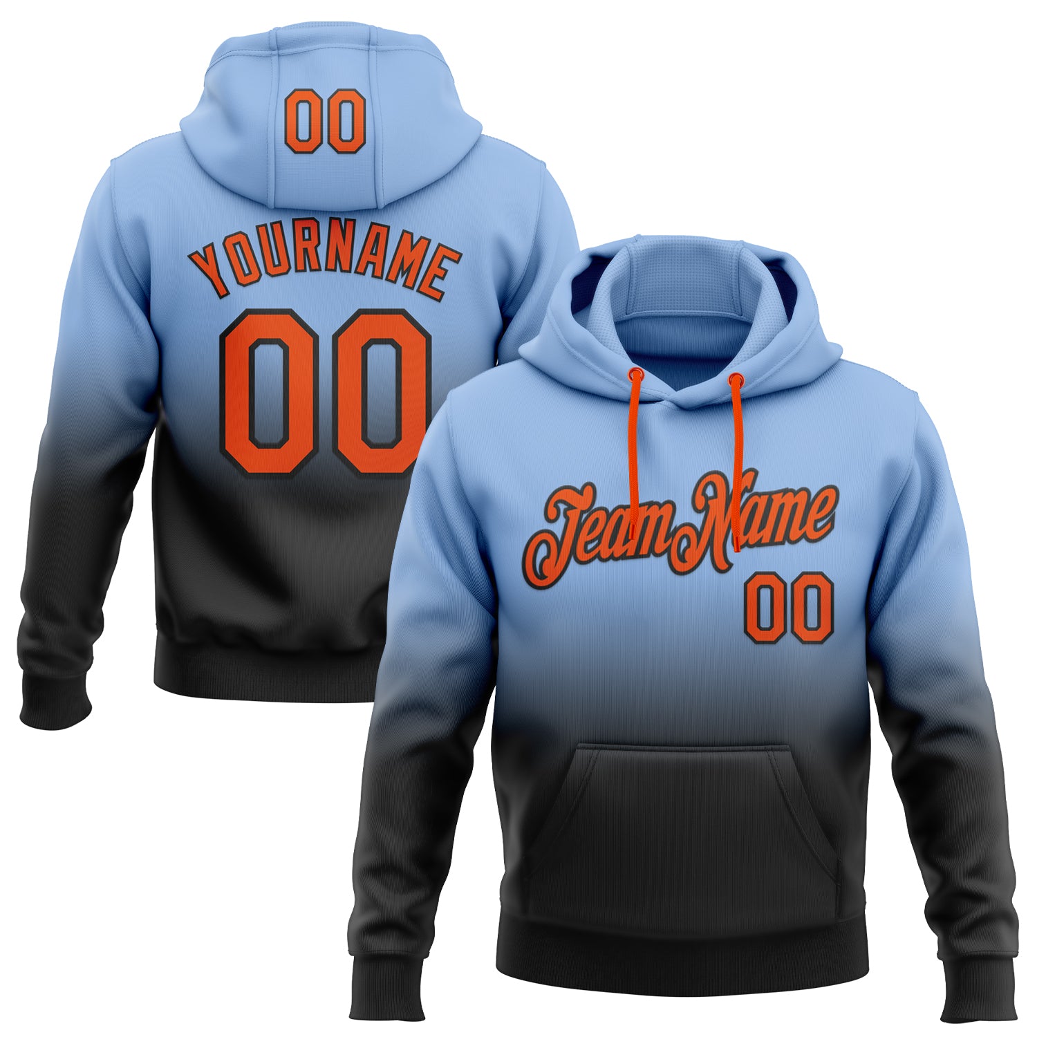Custom Stitched Light Blue Orange-Black Fade Fashion Sports Pullover Sweatshirt Hoodie