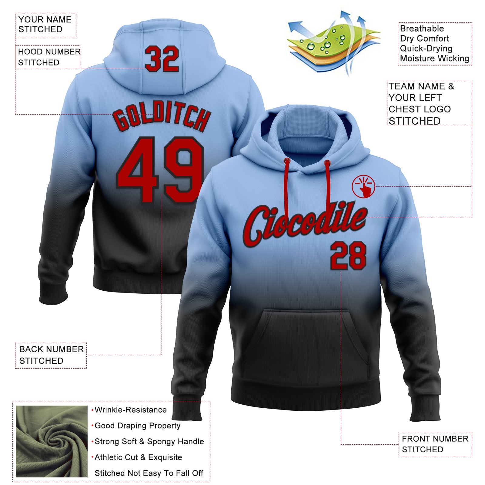 Custom Stitched Light Blue Red-Black Fade Fashion Sports Pullover Sweatshirt Hoodie