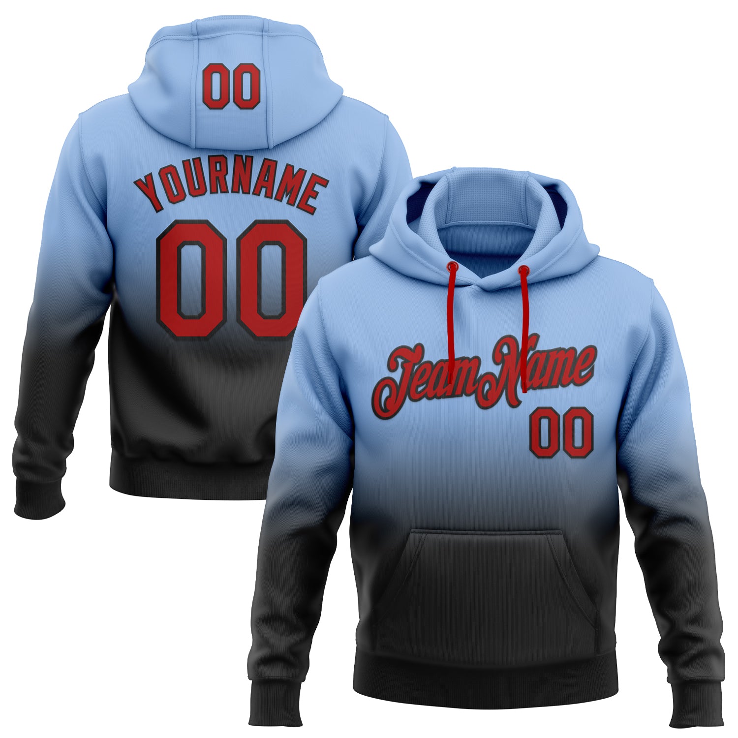 Custom Stitched Light Blue Red-Black Fade Fashion Sports Pullover Sweatshirt Hoodie