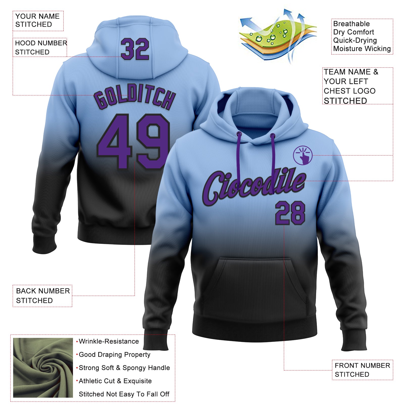Custom Stitched Light Blue Purple-Black Fade Fashion Sports Pullover Sweatshirt Hoodie