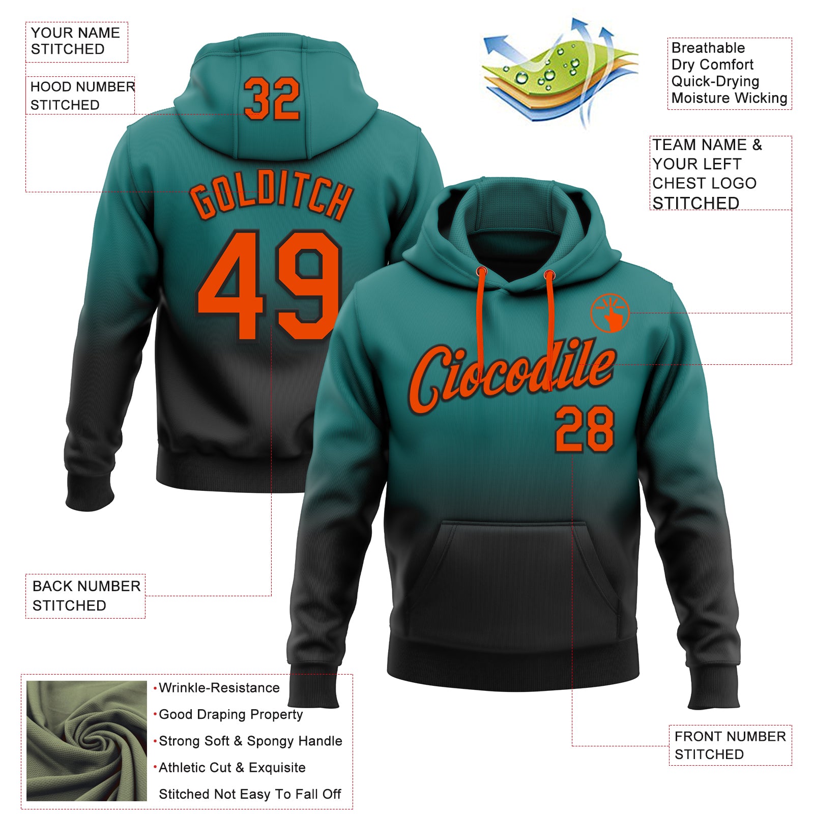 Custom Stitched Teal Orange-Black Fade Fashion Sports Pullover Sweatshirt Hoodie