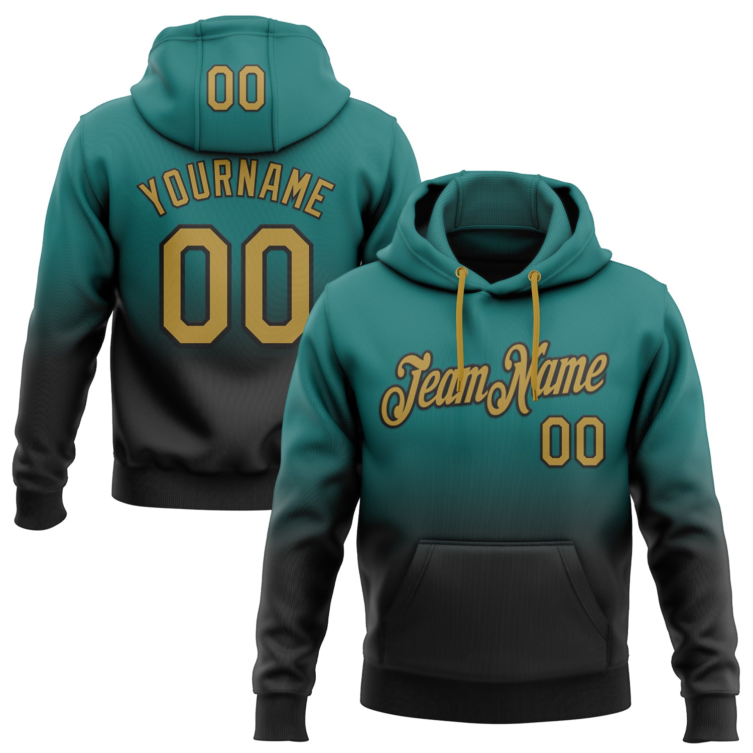 Custom Stitched Teal Old Gold-Black Fade Fashion Sports Pullover Sweatshirt Hoodie