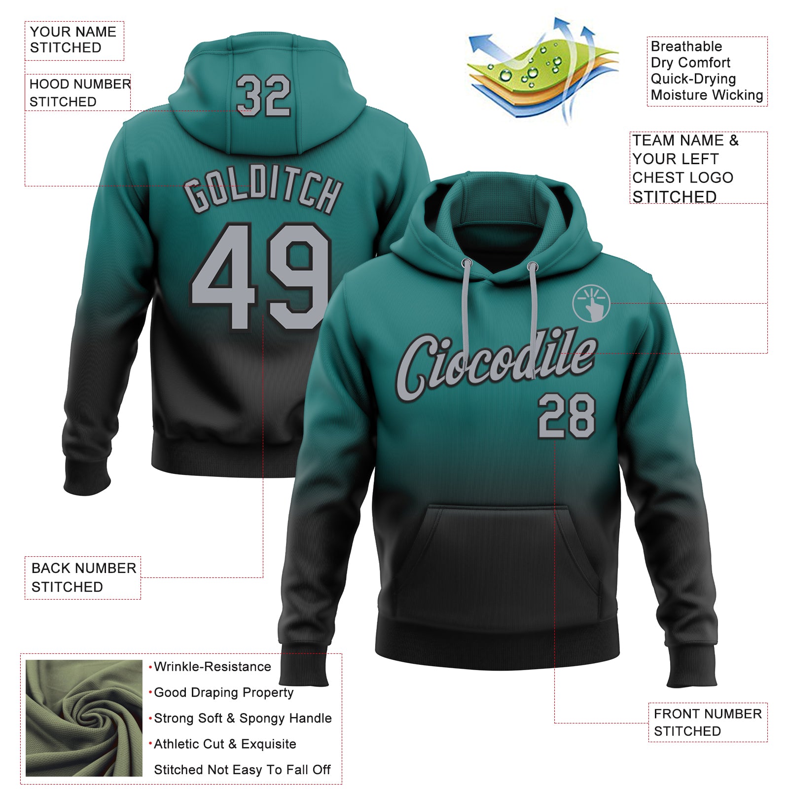 Custom Stitched Teal Gray-Black Fade Fashion Sports Pullover Sweatshirt Hoodie