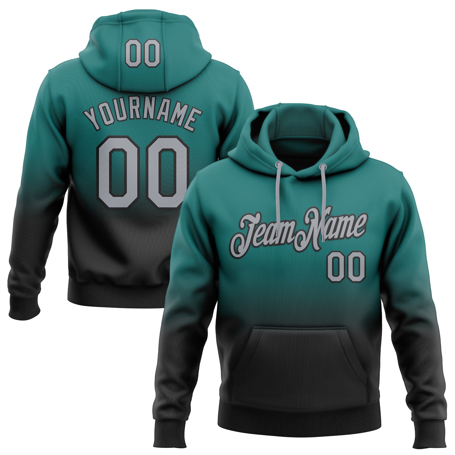 Custom Stitched Teal Gray-Black Fade Fashion Sports Pullover Sweatshirt Hoodie