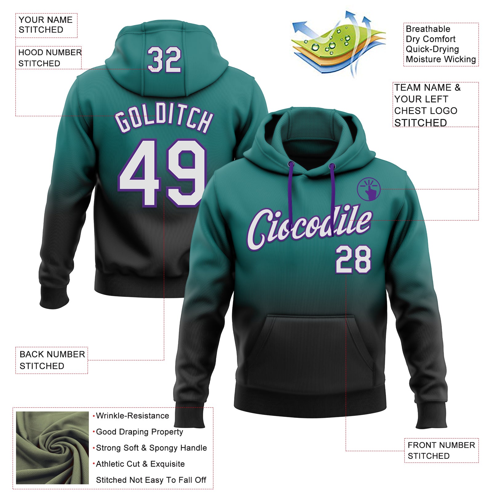Custom Stitched Teal White Black-Purple Fade Fashion Sports Pullover Sweatshirt Hoodie