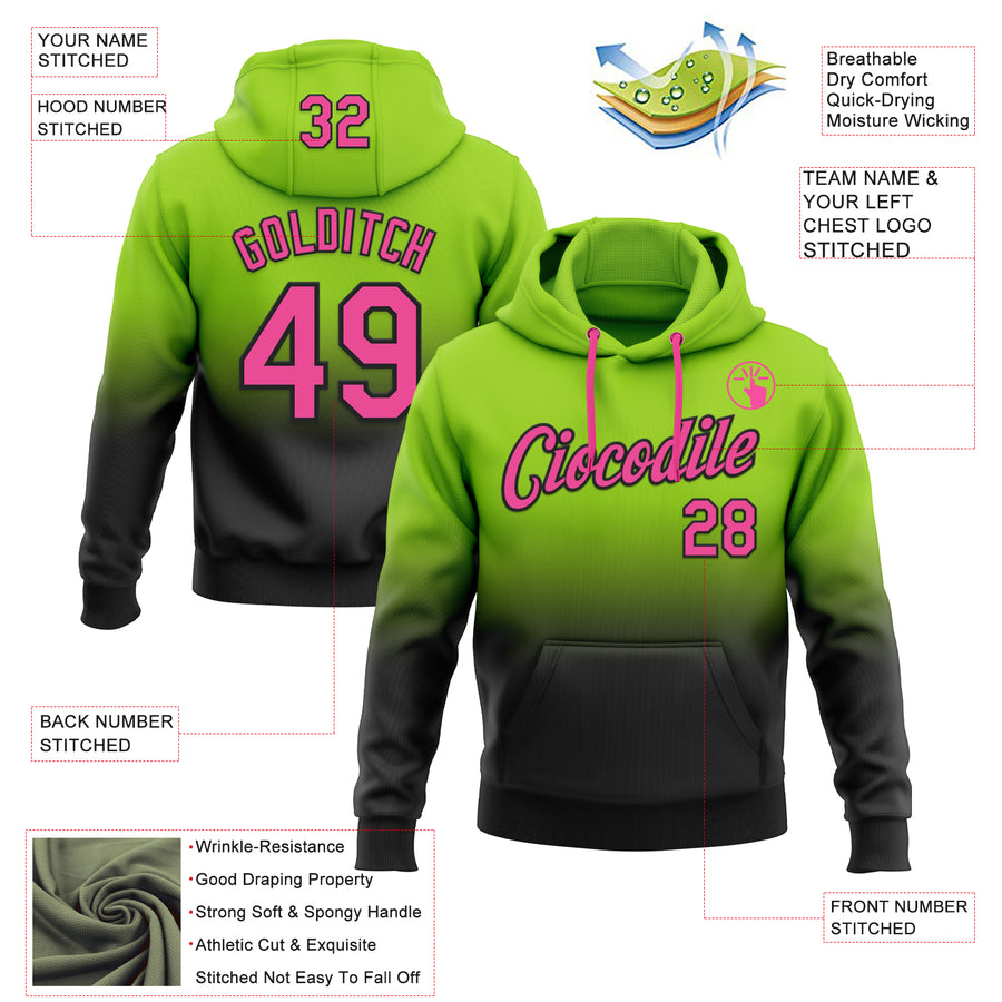 Custom Stitched Neon Green Pink-Black Fade Fashion Sports Pullover Sweatshirt Hoodie