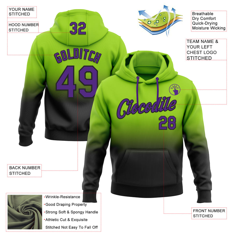 Custom Stitched Neon Green Purple-Black Fade Fashion Sports Pullover Sweatshirt Hoodie