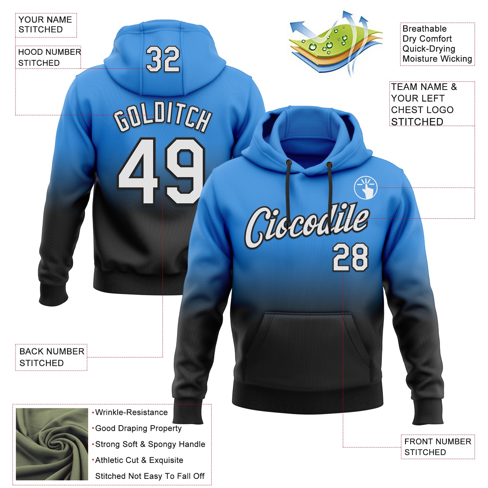 Custom Stitched Powder Blue White-Black Fade Fashion Sports Pullover Sweatshirt Hoodie