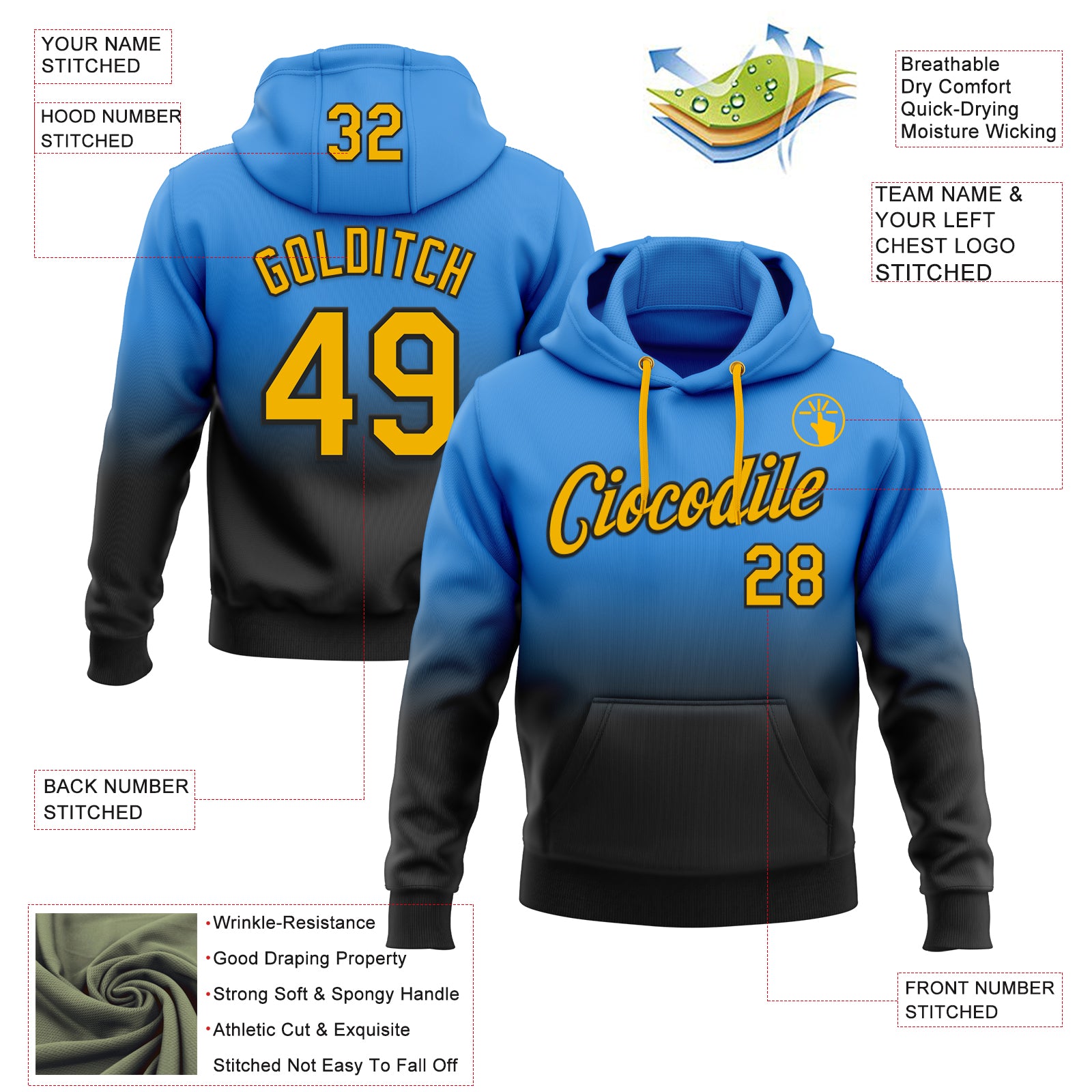 Custom Stitched Powder Blue Gold-Black Fade Fashion Sports Pullover Sweatshirt Hoodie