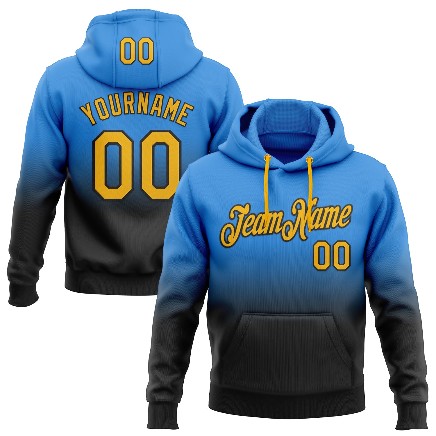 Custom Stitched Powder Blue Gold-Black Fade Fashion Sports Pullover Sweatshirt Hoodie