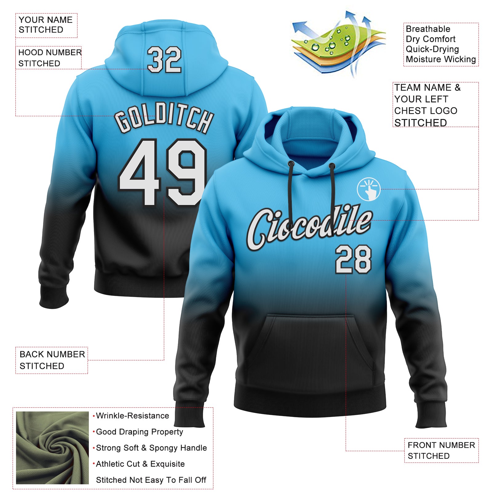 Custom Stitched Sky Blue White-Black Fade Fashion Sports Pullover Sweatshirt Hoodie