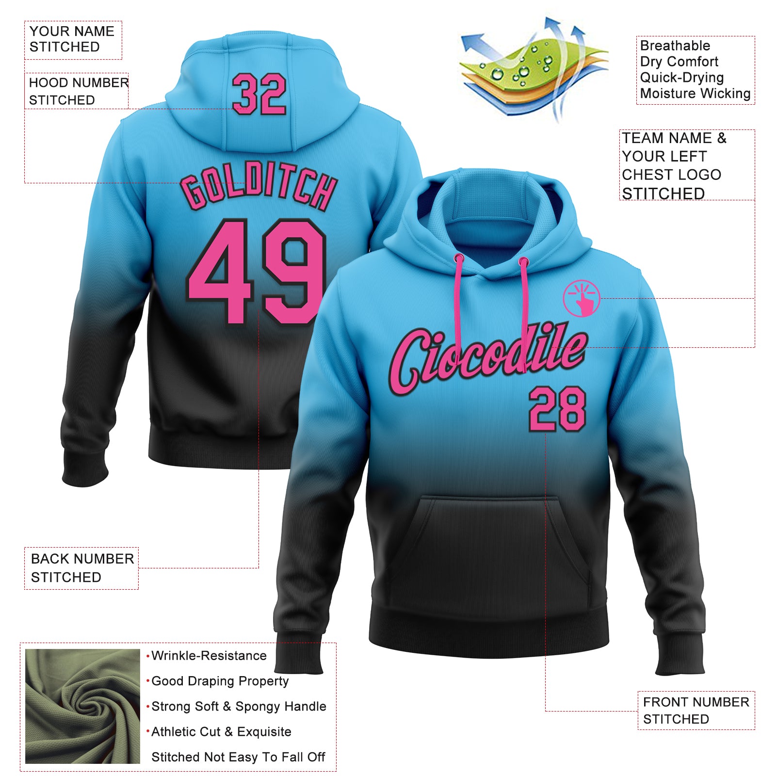 Custom Stitched Sky Blue Pink-Black Fade Fashion Sports Pullover Sweatshirt Hoodie