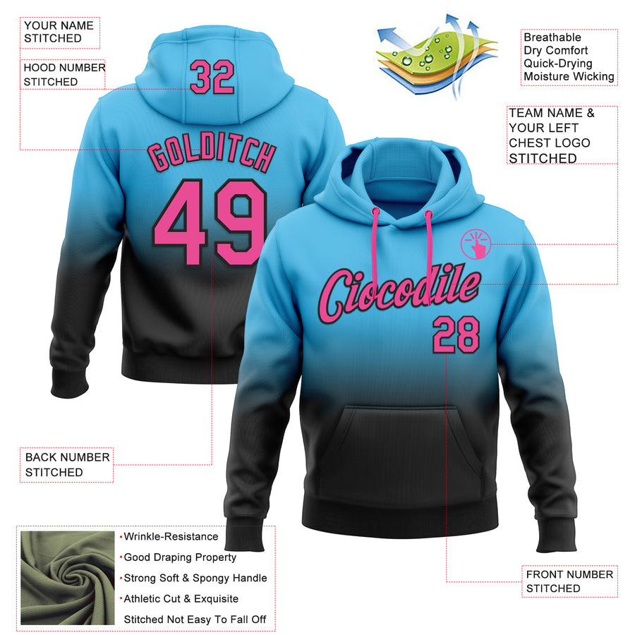 Custom Stitched Sky Blue Pink-Black Fade Fashion Sports Pullover Sweatshirt Hoodie