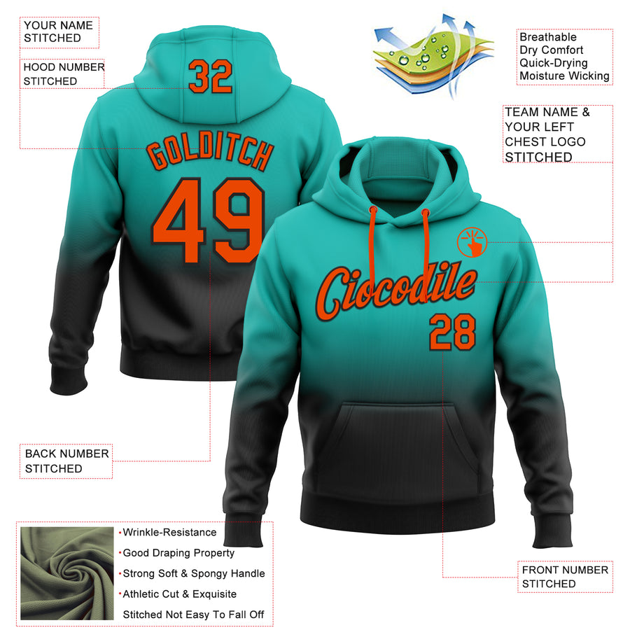 Custom Stitched Aqua Orange-Black Fade Fashion Sports Pullover Sweatshirt Hoodie