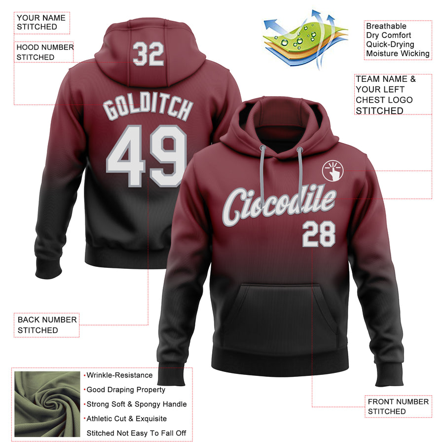 Custom Stitched Burgundy White Black-Gray Fade Fashion Sports Pullover Sweatshirt Hoodie