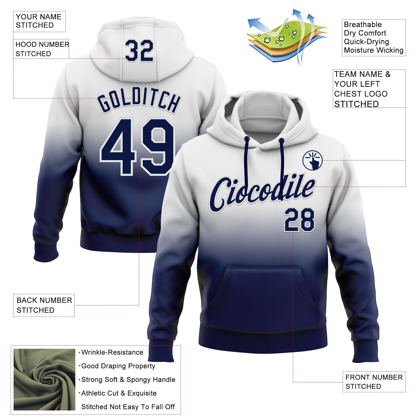 Custom Stitched White Navy Fade Fashion Sports Pullover Sweatshirt Hoodie