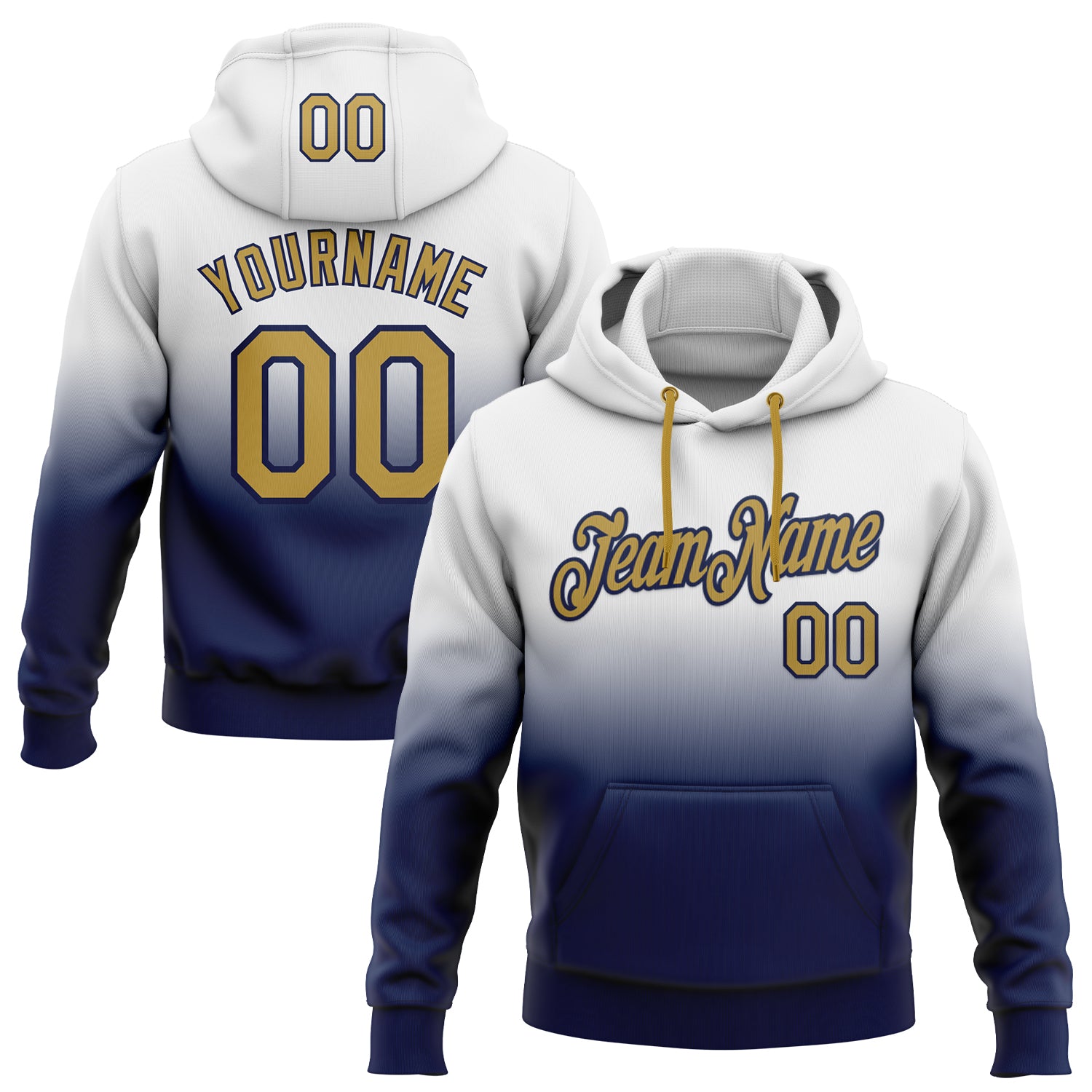 Custom Stitched White Old Gold-Navy Fade Fashion Sports Pullover Sweatshirt Hoodie