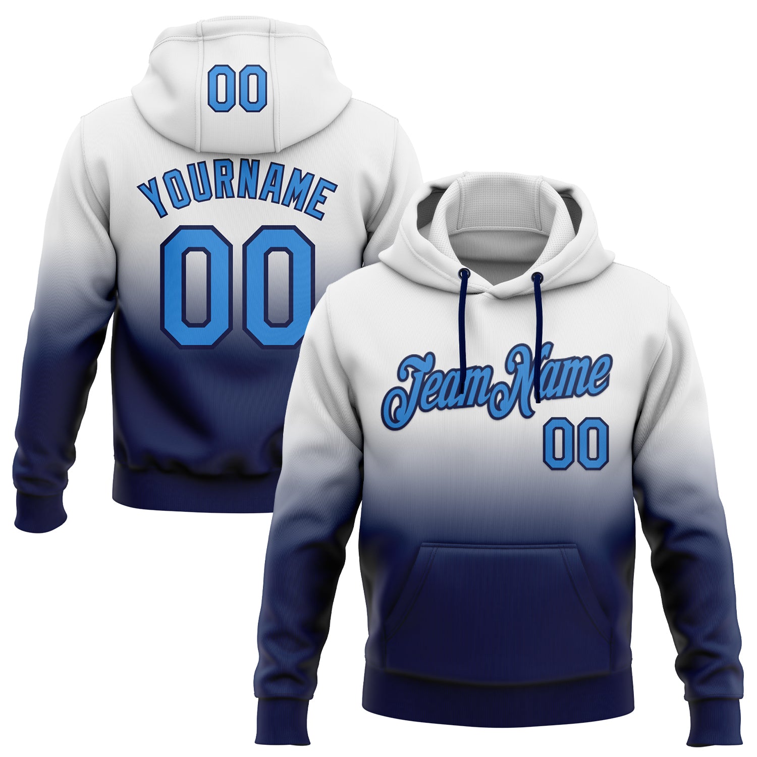 Custom Stitched White Powder Blue-Navy Fade Fashion Sports Pullover Sweatshirt Hoodie