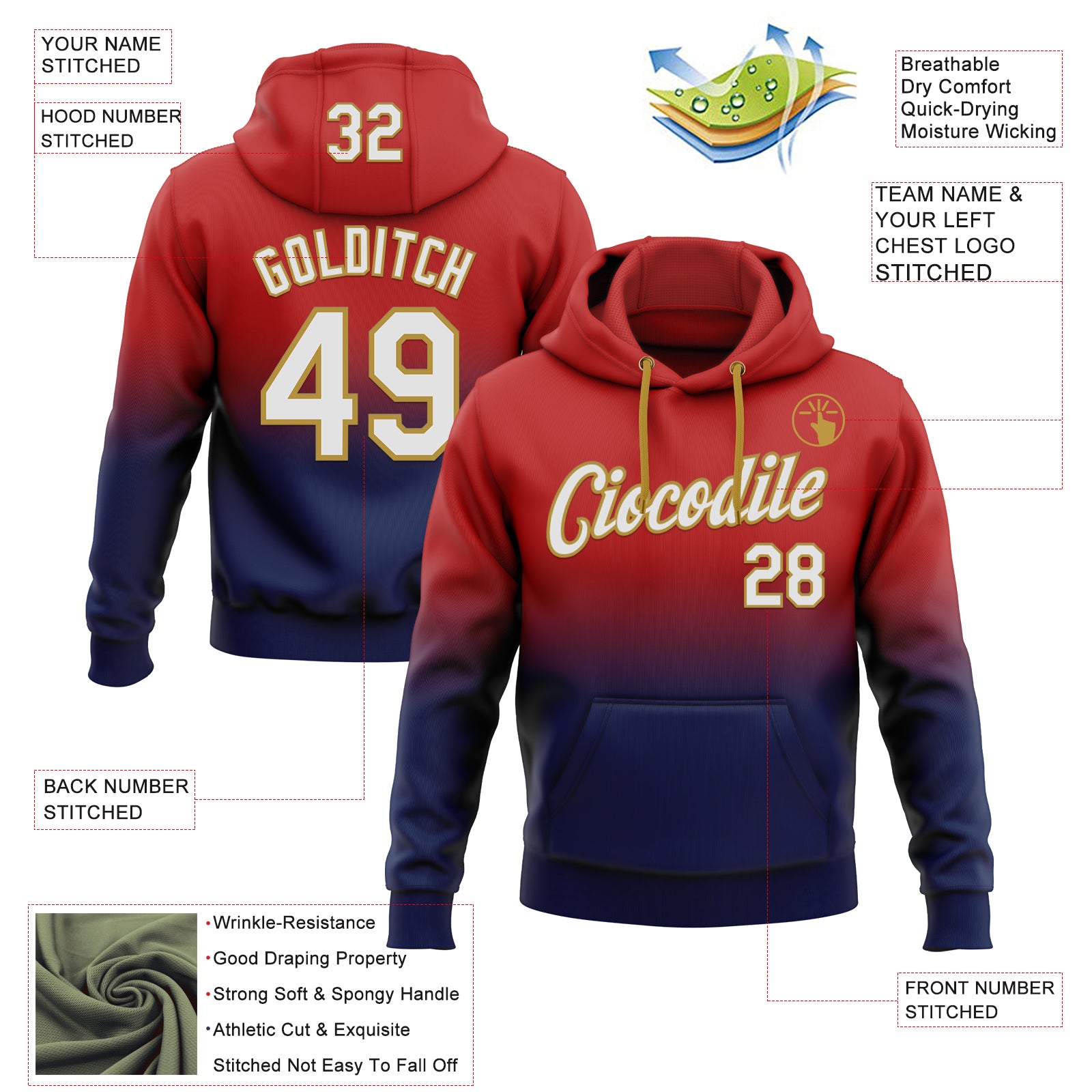 Custom Stitched Red White Navy-Old Gold Fade Fashion Sports Pullover Sweatshirt Hoodie