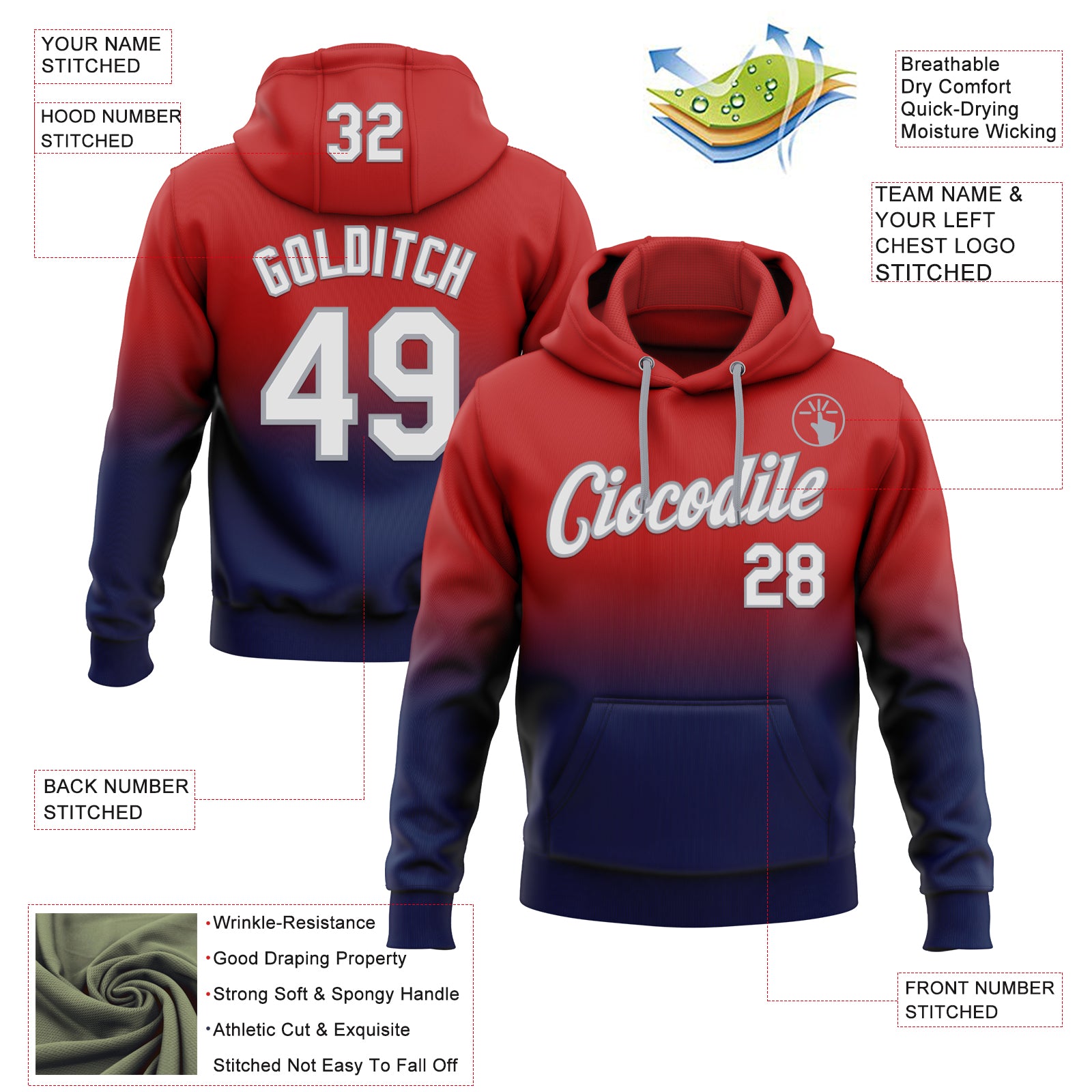 Custom Stitched Red White Navy-Gray Fade Fashion Sports Pullover Sweatshirt Hoodie