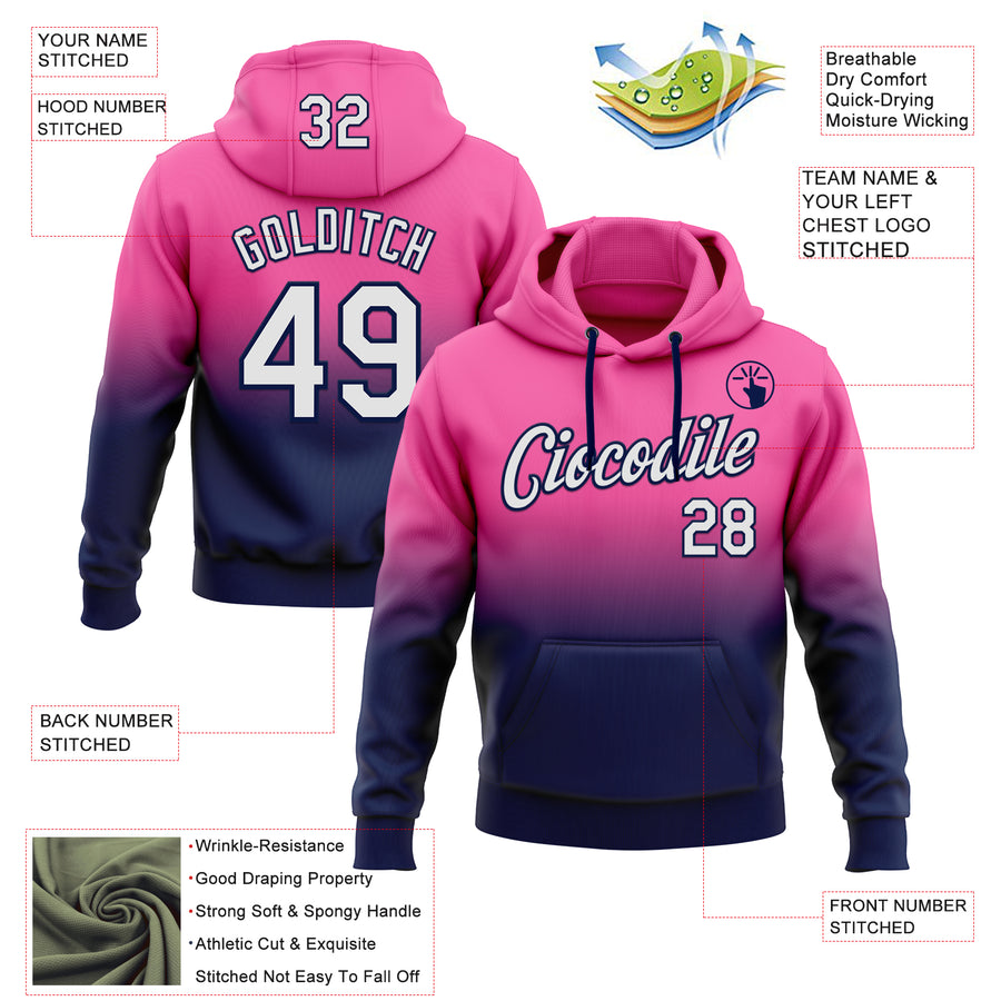 Custom Stitched Pink White-Navy Fade Fashion Sports Pullover Sweatshirt Hoodie