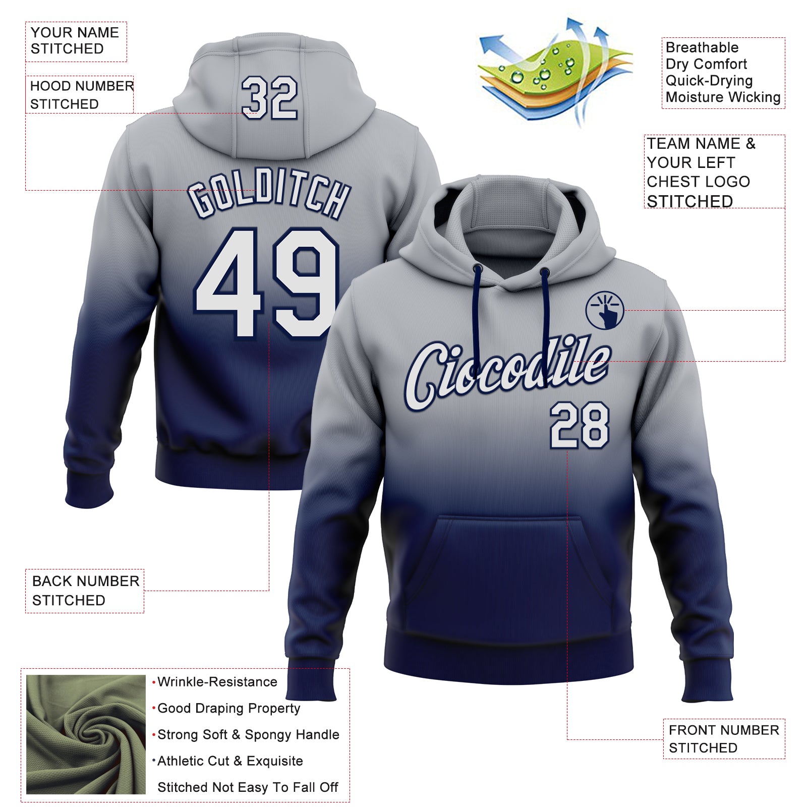 Custom Stitched Gray White-Navy Fade Fashion Sports Pullover Sweatshirt Hoodie