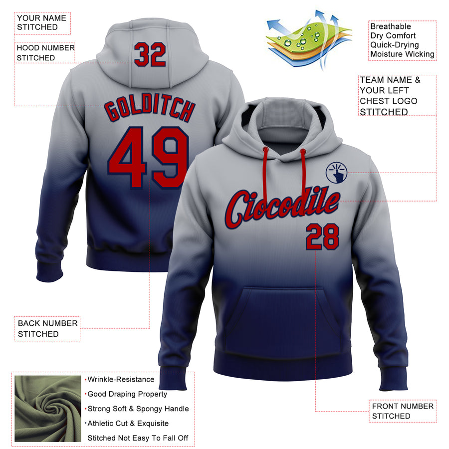 Custom Stitched Gray Red-Navy Fade Fashion Sports Pullover Sweatshirt Hoodie