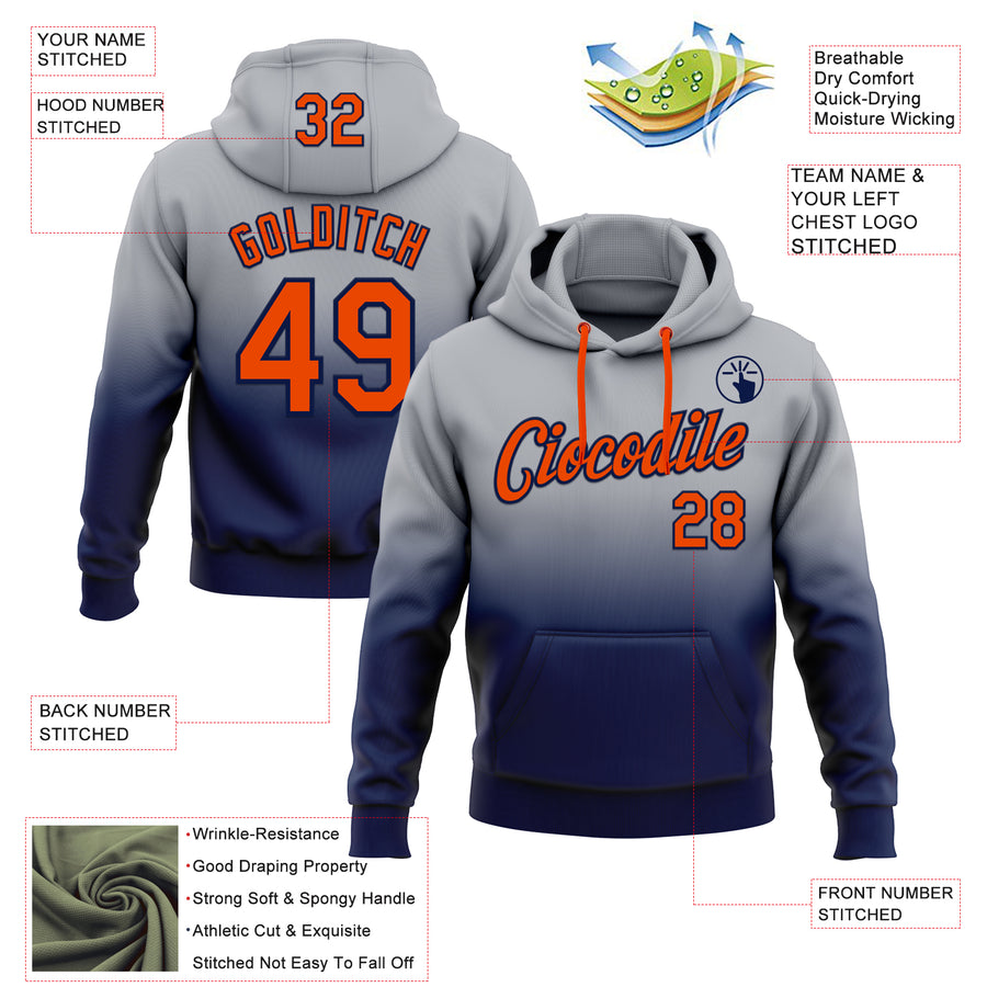 Custom Stitched Gray Orange-Navy Fade Fashion Sports Pullover Sweatshirt Hoodie