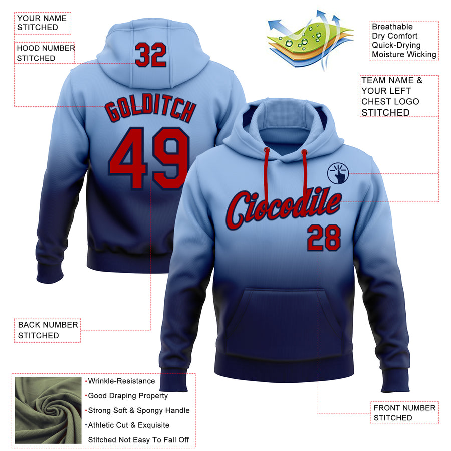 Custom Stitched Light Blue Red-Navy Fade Fashion Sports Pullover Sweatshirt Hoodie
