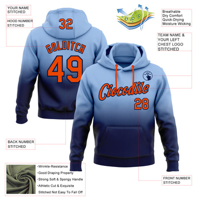 Custom Stitched Light Blue Orange-Navy Fade Fashion Sports Pullover Sweatshirt Hoodie
