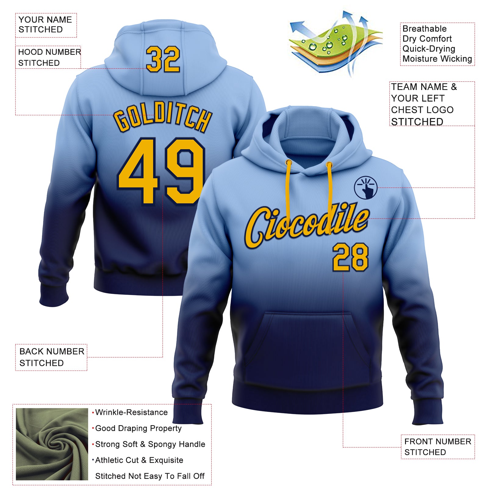 Custom Stitched Light Blue Gold-Navy Fade Fashion Sports Pullover Sweatshirt Hoodie