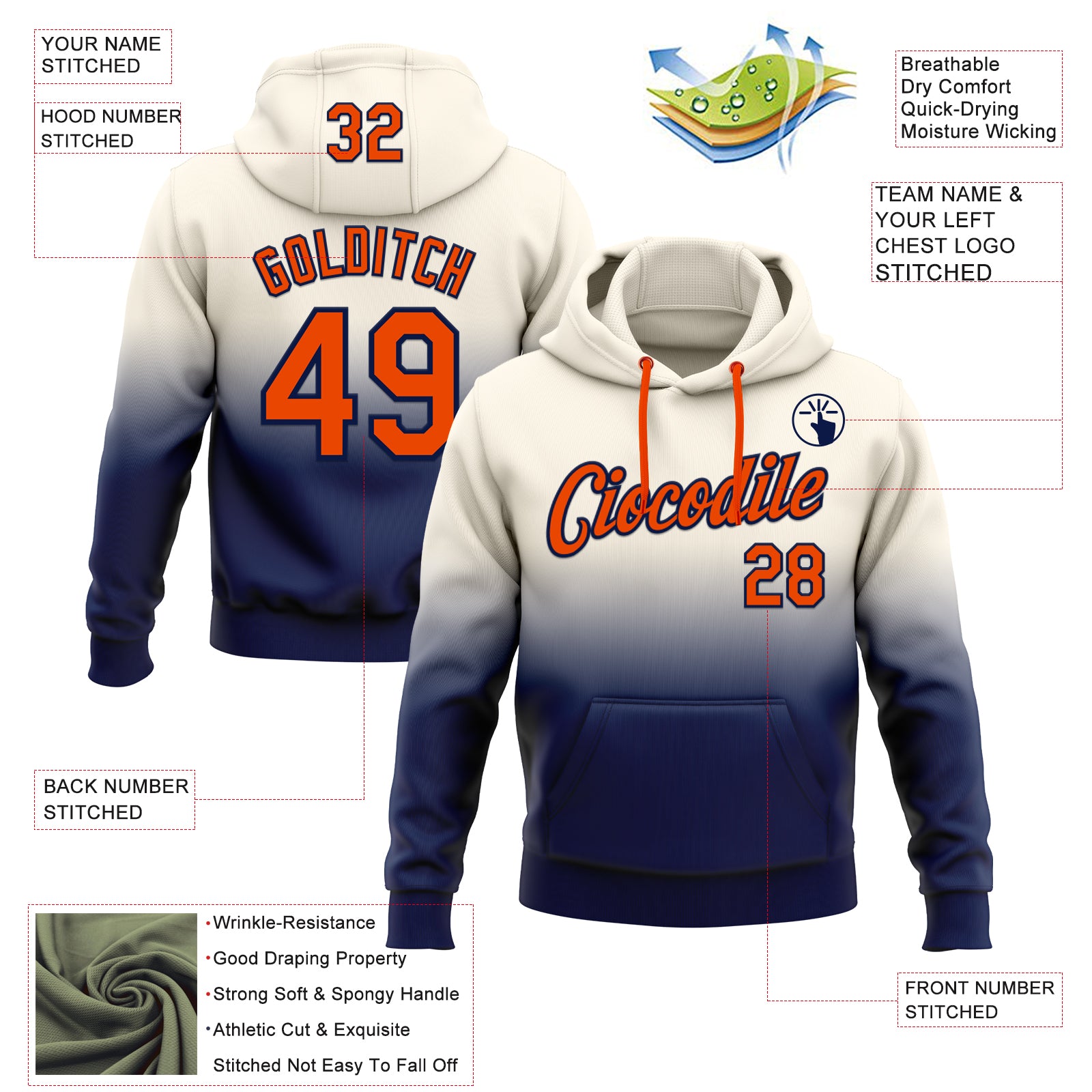 Custom Stitched Cream Orange-Navy Fade Fashion Sports Pullover Sweatshirt Hoodie