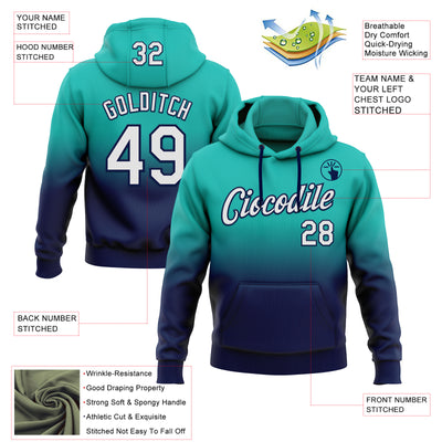 Custom Stitched Aqua White-Navy Fade Fashion Sports Pullover Sweatshirt Hoodie