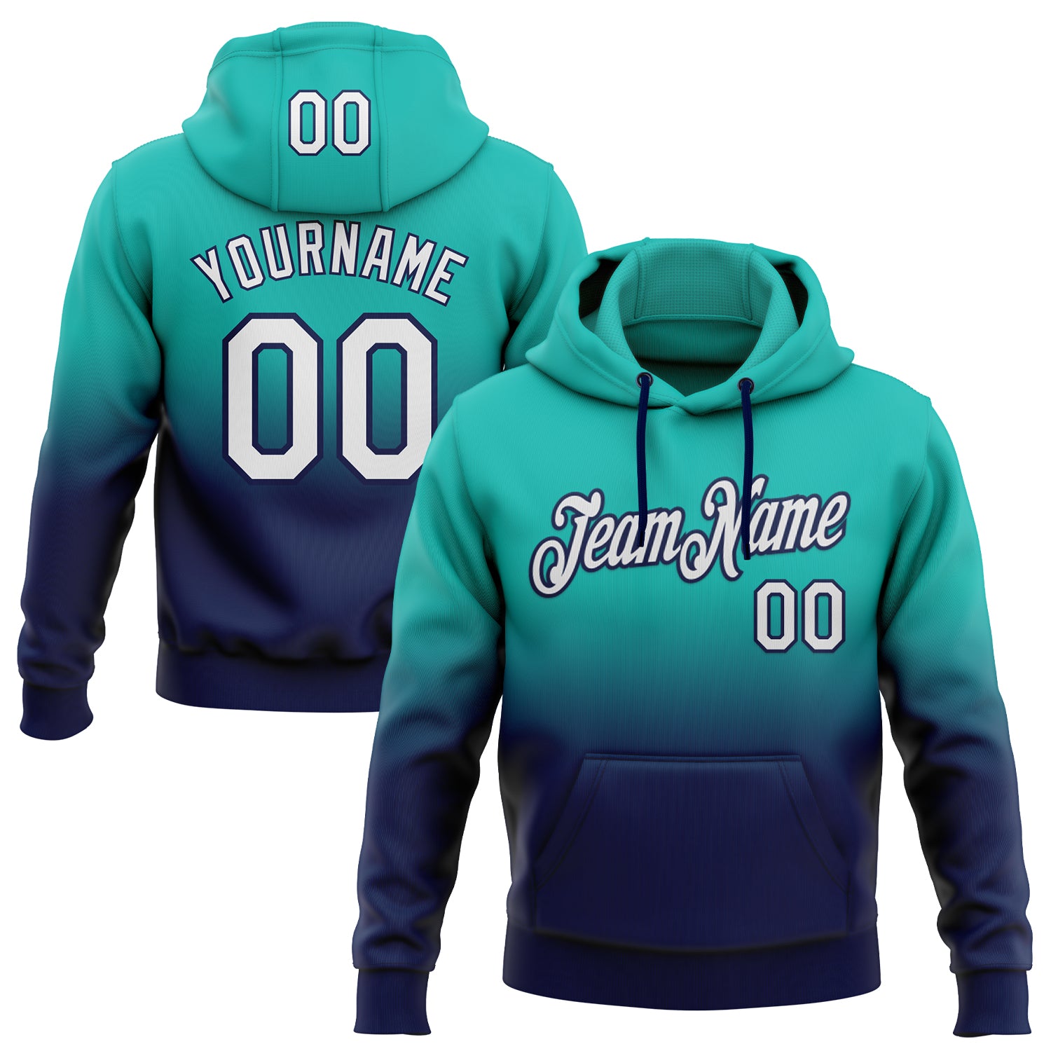 Custom Stitched Aqua White-Navy Fade Fashion Sports Pullover Sweatshirt Hoodie