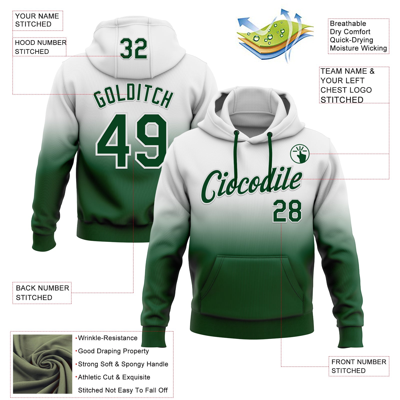 Custom Stitched White Green Fade Fashion Sports Pullover Sweatshirt Hoodie