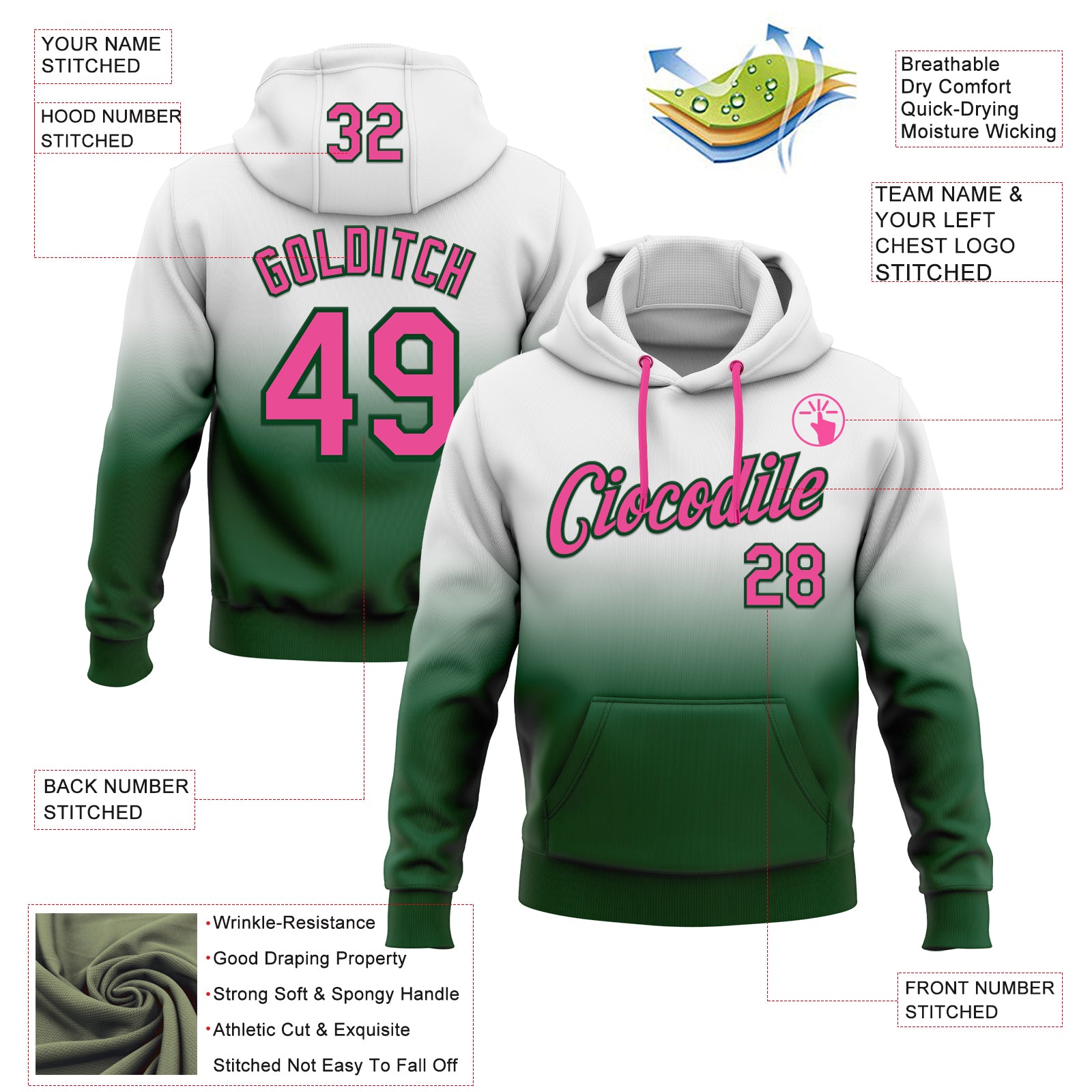 Custom Stitched White Pink-Green Fade Fashion Sports Pullover Sweatshirt Hoodie