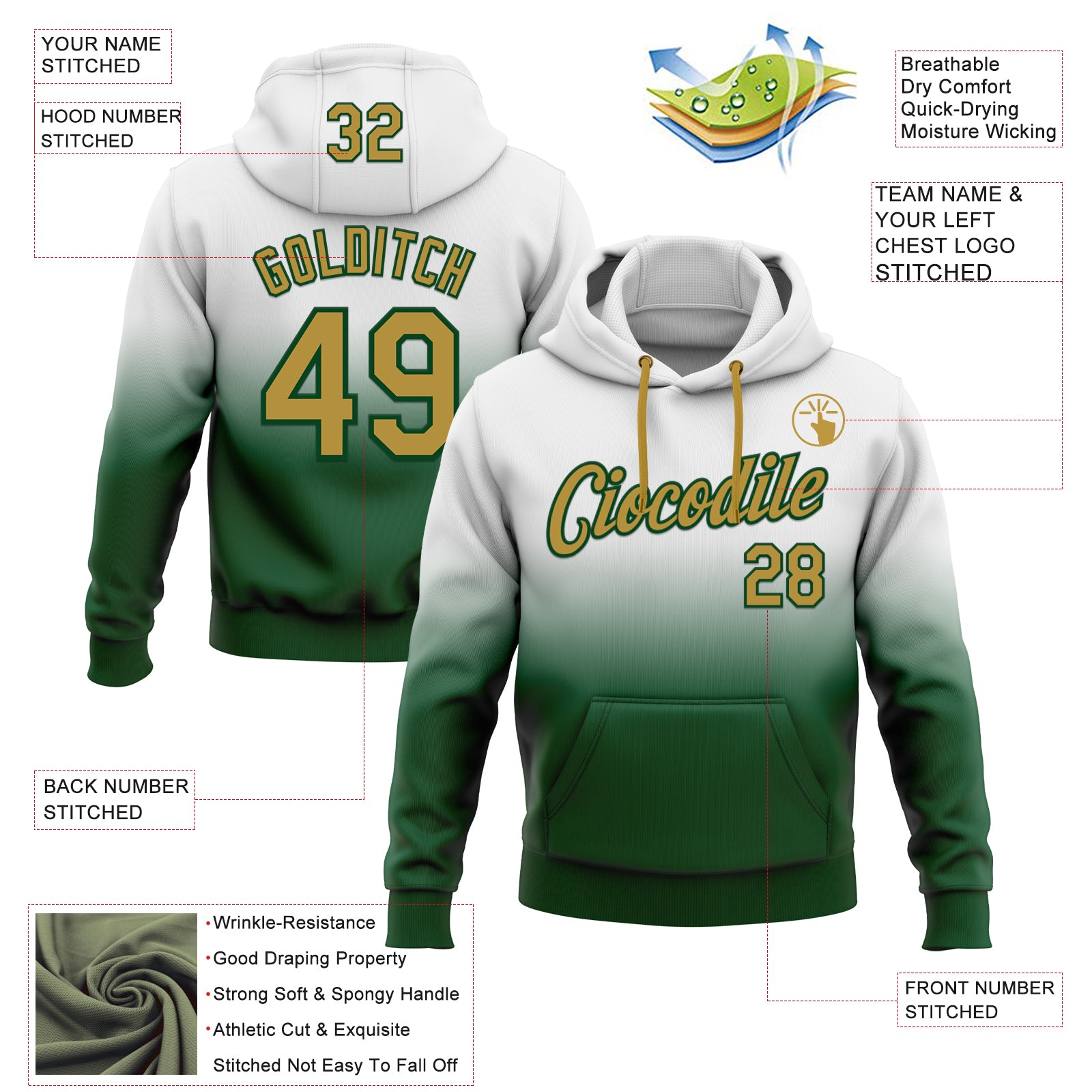 Custom Stitched White Old Gold-Green Fade Fashion Sports Pullover Sweatshirt Hoodie
