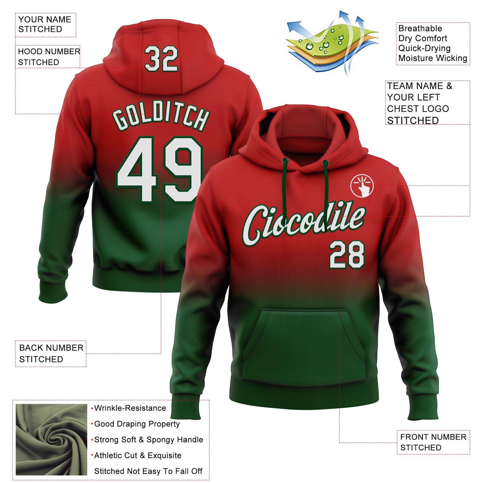 Custom Stitched Red White-Green Fade Fashion Sports Pullover Sweatshirt Hoodie