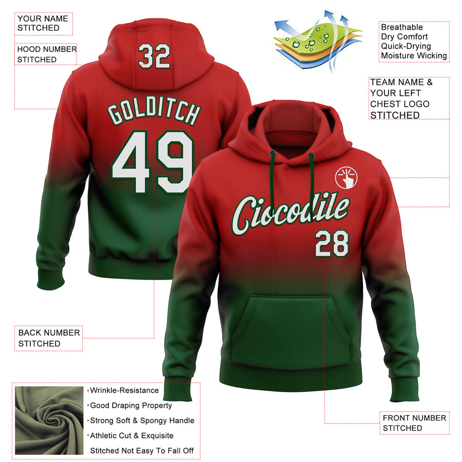 Custom Stitched Red White-Green Fade Fashion Sports Pullover Sweatshirt Hoodie