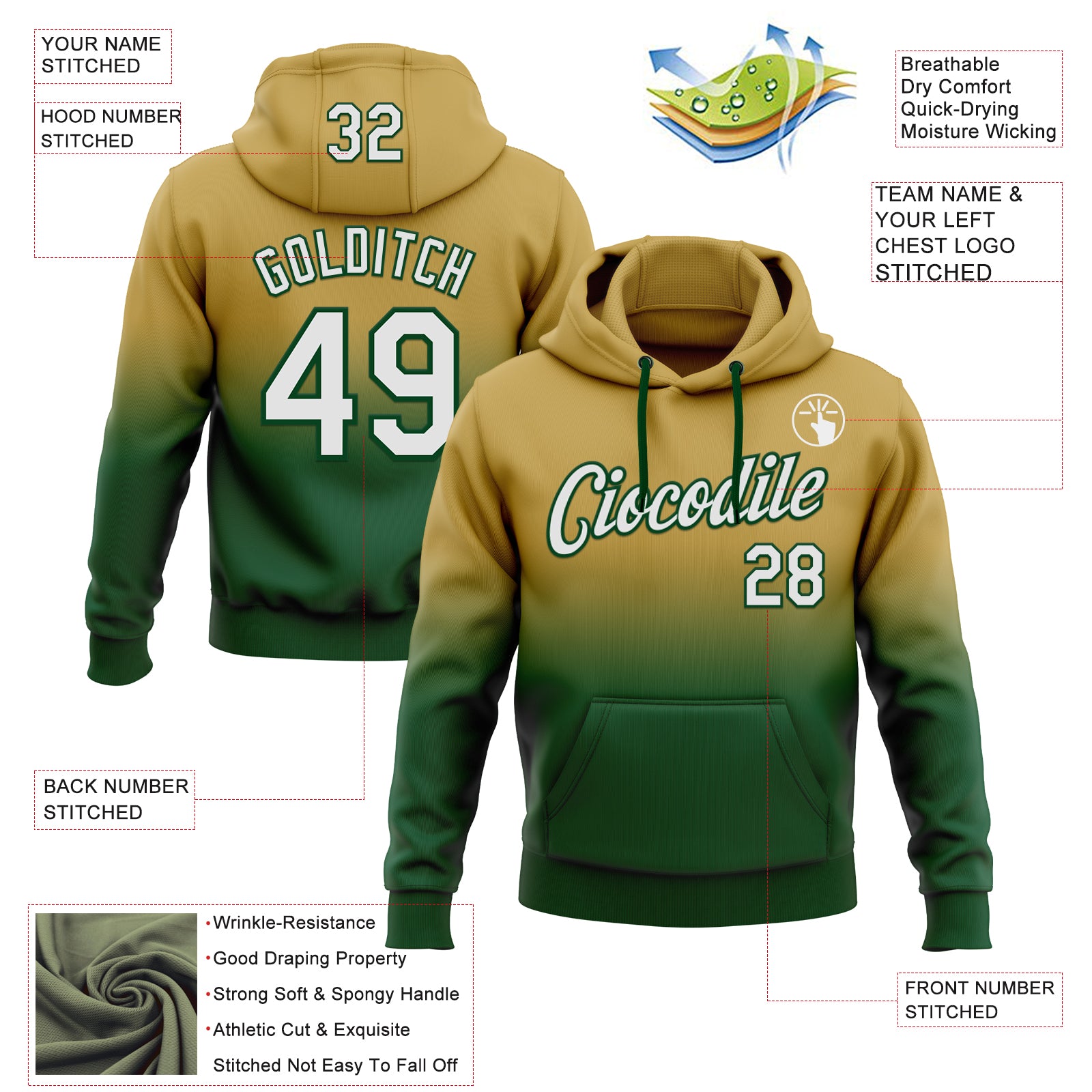 Custom Stitched Old Gold White-Green Fade Fashion Sports Pullover Sweatshirt Hoodie