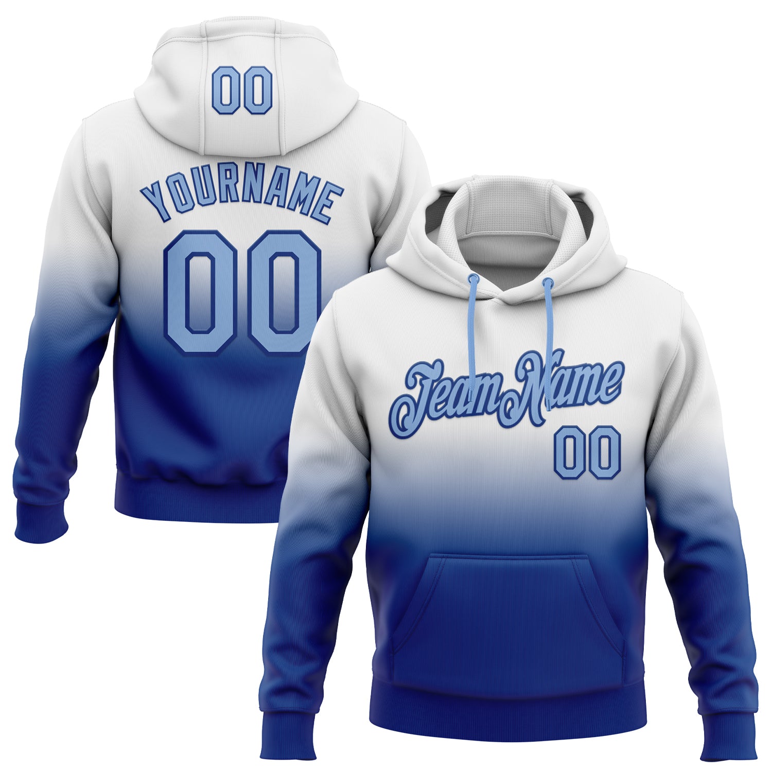 Custom Stitched White Light Blue-Royal Fade Fashion Sports Pullover Sweatshirt Hoodie