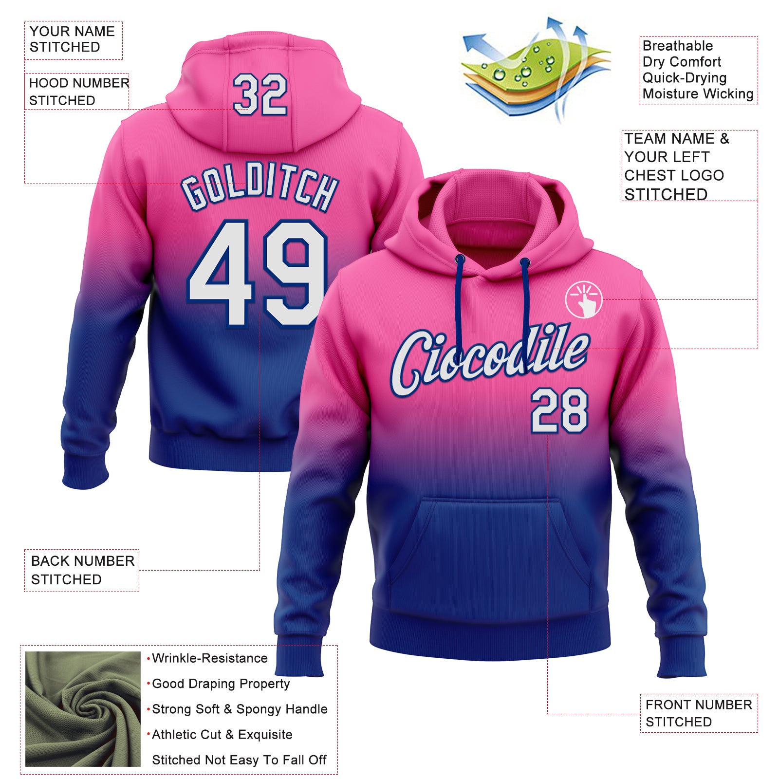 Custom Stitched Pink White-Royal Fade Fashion Sports Pullover Sweatshirt Hoodie