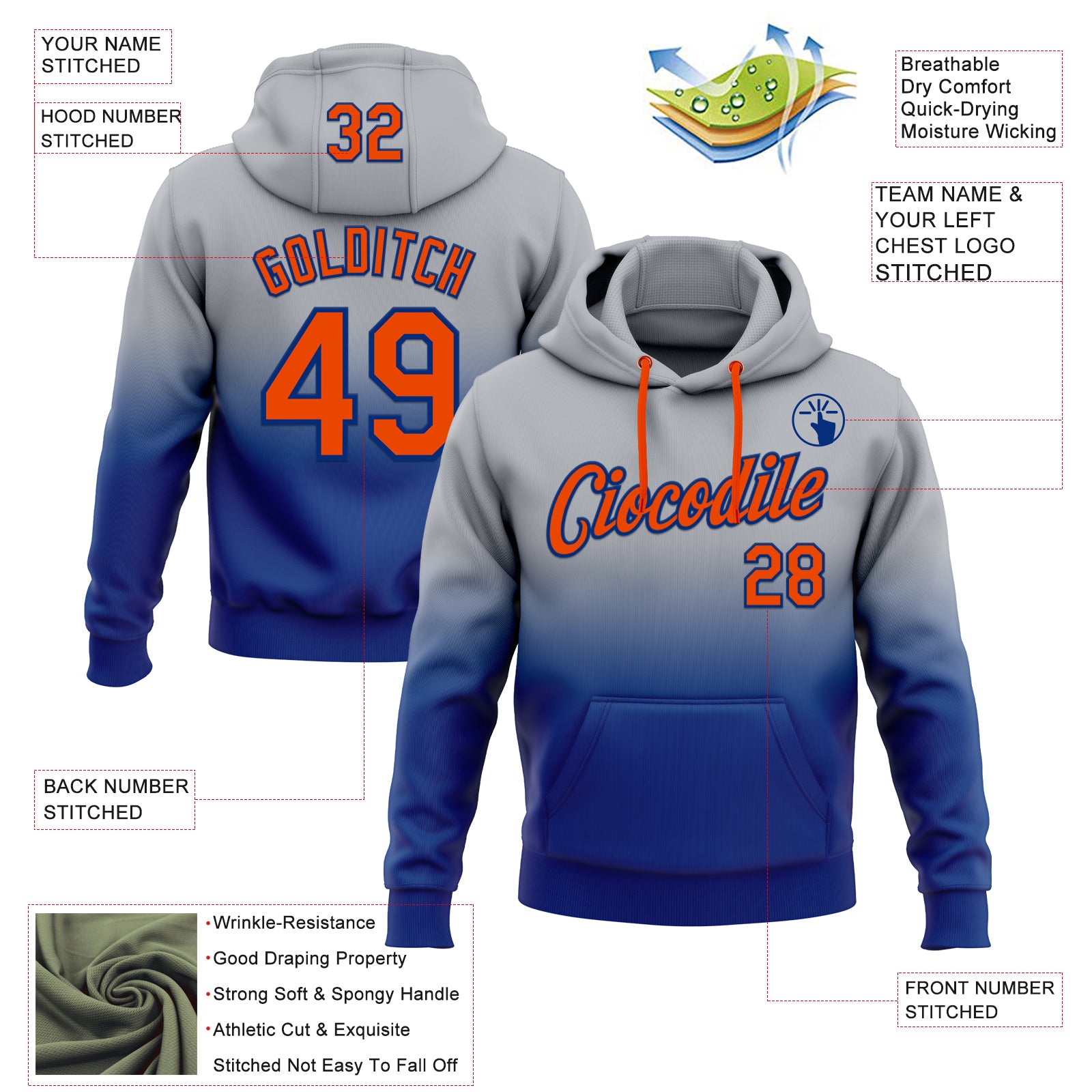 Custom Stitched Gray Orange-Royal Fade Fashion Sports Pullover Sweatshirt Hoodie